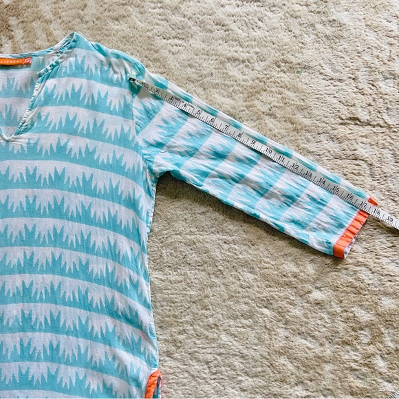 Oliphant Cotton Tunic Top Split V Neck 3/4 Sleeve White W/ Aqua Aloe Print Sz XS - Picture 6 of 13